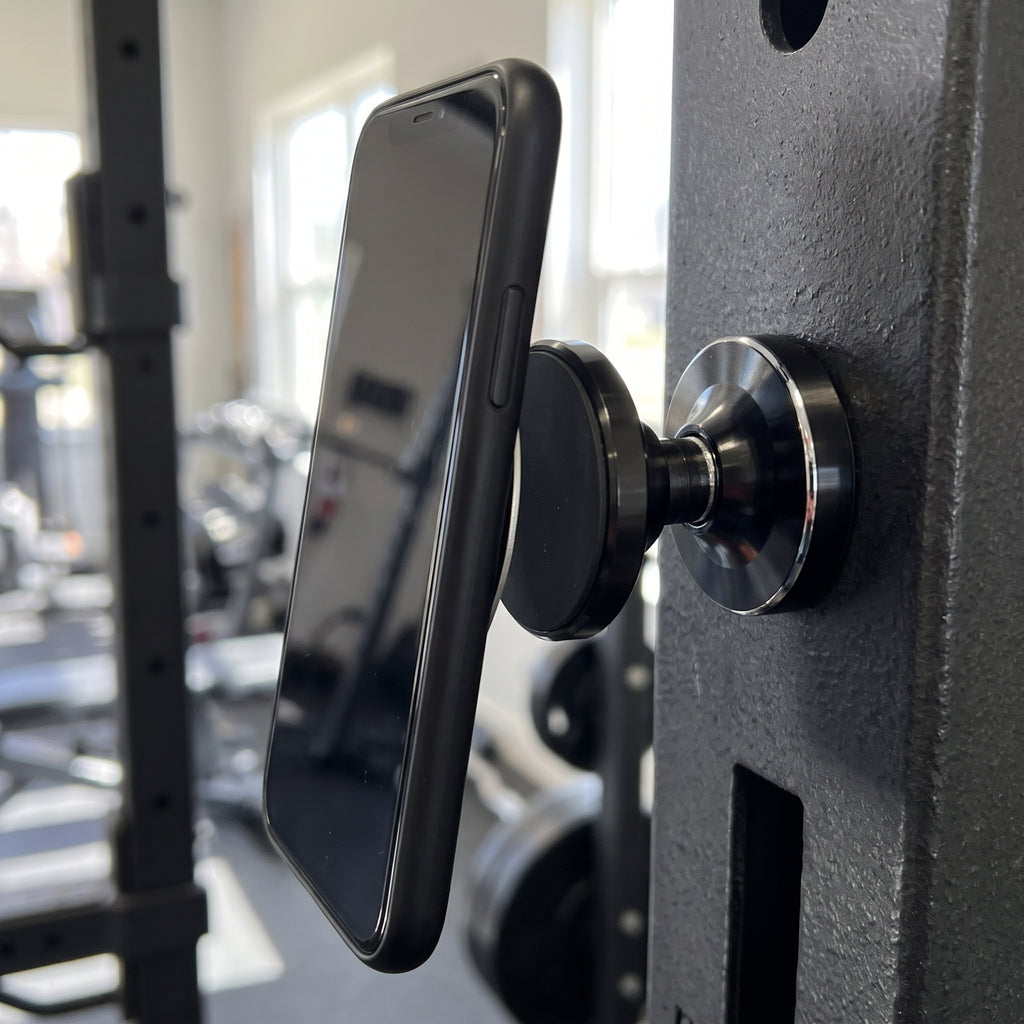 Gympaketet – närbild på den svarta magnetiska mobilhållaren med mobilen på, fäst mot maskinens stålram