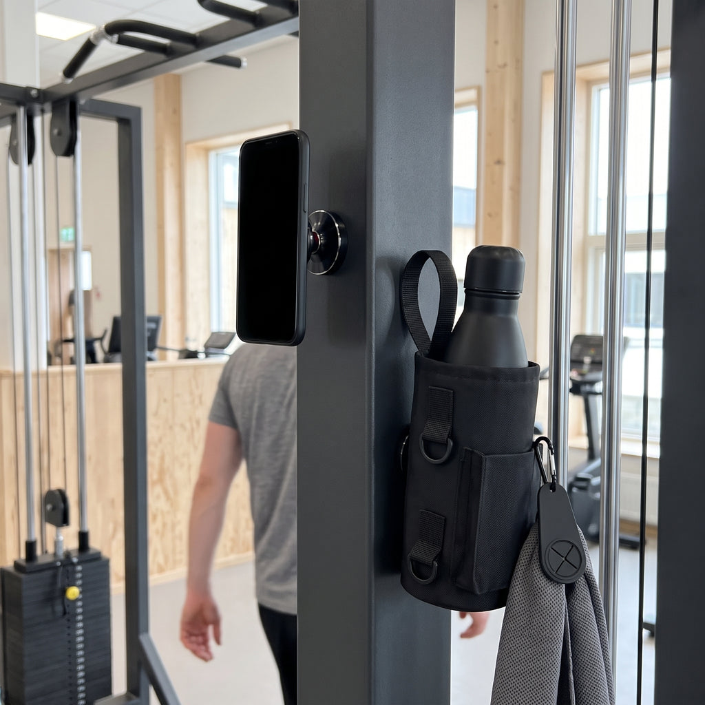 Gympaketet i bruk: mobilen i ögonhöjd på den magnetiska mobilhållaren, flaskan i den magnetiska gymväskan och handduken på handdukskroken vid en kabelmaskin