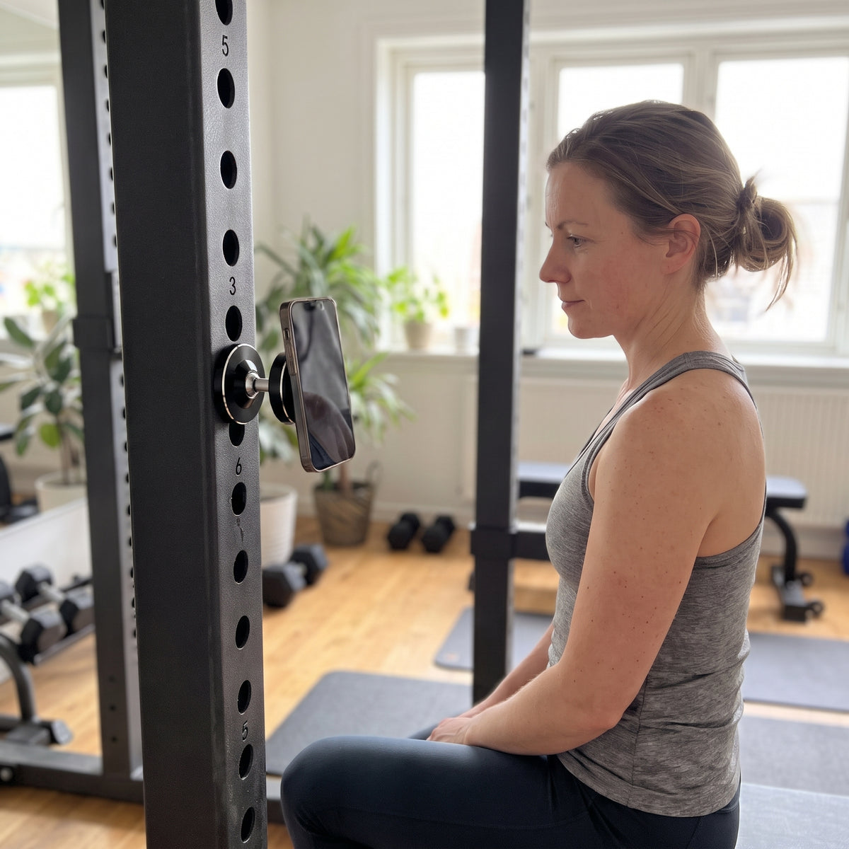 Person i gymkläder tittar på mobilen som sitter på den svarta magnetiska mobilhållaren vid gymställningen