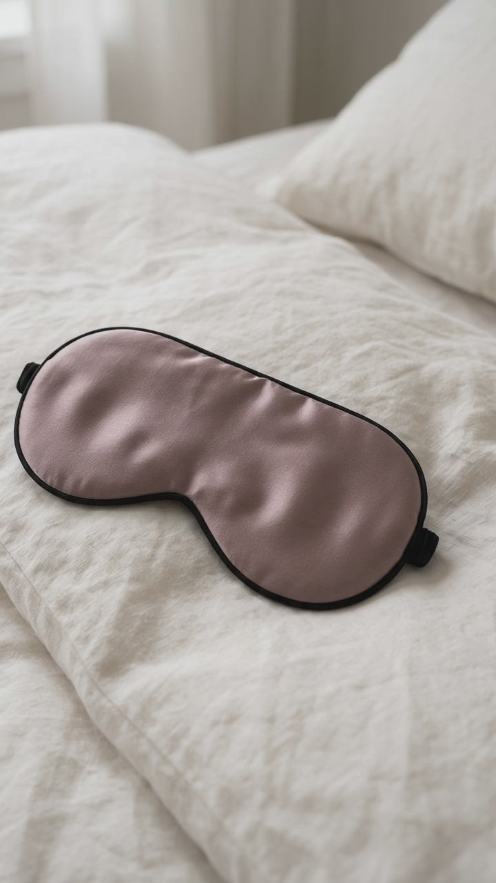 En hand lyfter sovmasken i mauve mullbärssilke från sängen och lägger tillbaka den (AI-genererad video)