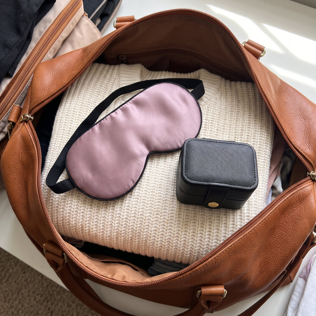 Resesetet packat för resan: sovmask i mauve mullbärssilke och svart ringask i en öppen weekendväska