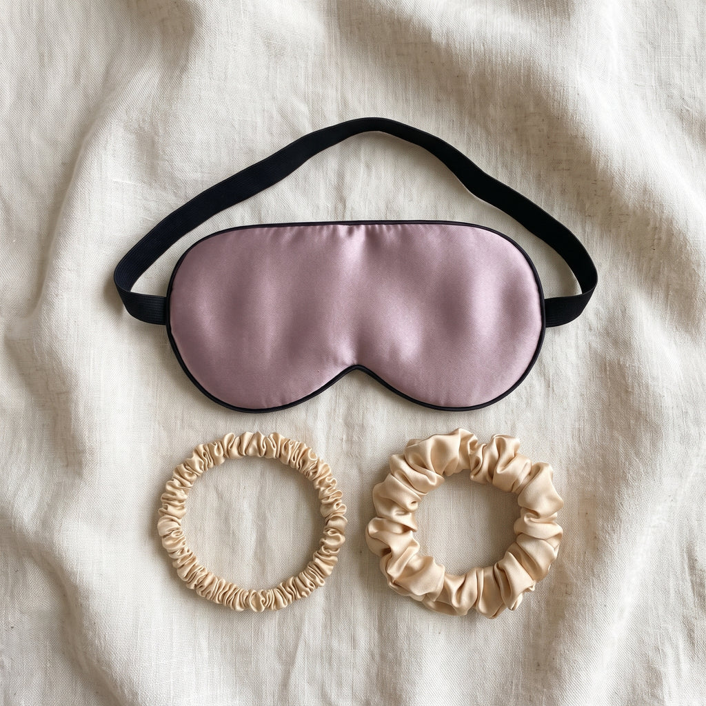 Silkesgåvan: sovmask i mauve mullbärssilke och två silkesscrunchies sida vid sida på ljus linne